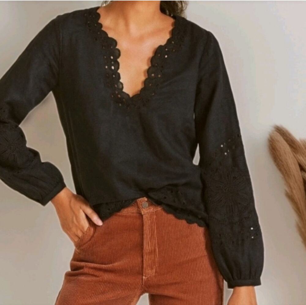 J. Crew Bungalow chic black linen eyelet Blouse 2X boho Preppy Romantic Coastal